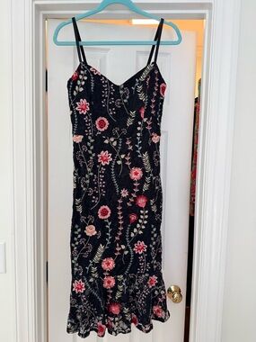 Floral Embroidered Black Slip Dress with Pink Accents